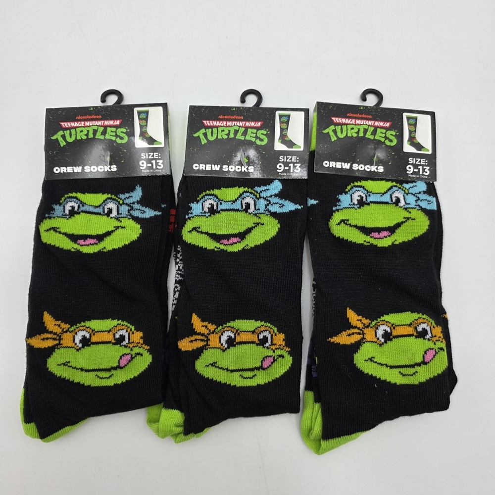 Nicklodeon Teenage Mutant Ninja Turtle Crew Socks Black Green Sz 9-13 Lot of 3